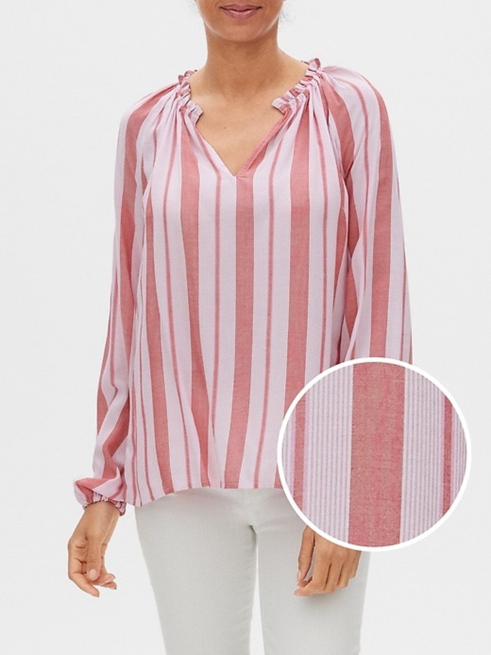GAP Pink and White Vertical Stripe V-Neck Blouse